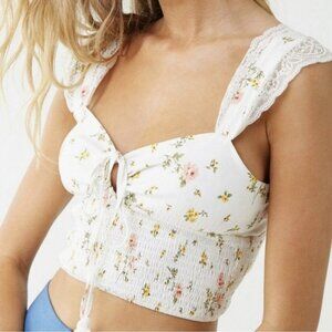 Forever 21 White Floral Print Sweetheart Crop Top, M
